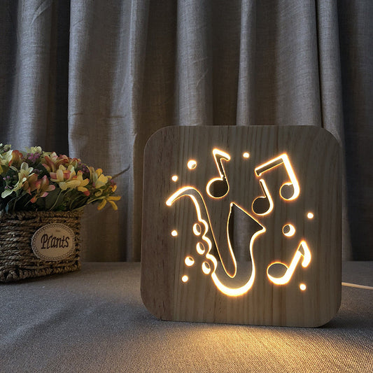 LED Night Lights Guitar Saxophone Violin Music Note 3D Lamp USB Power Wood Carving Table Lamp