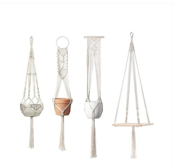 4 Pack - Macrame Plant Hangers & Shelf