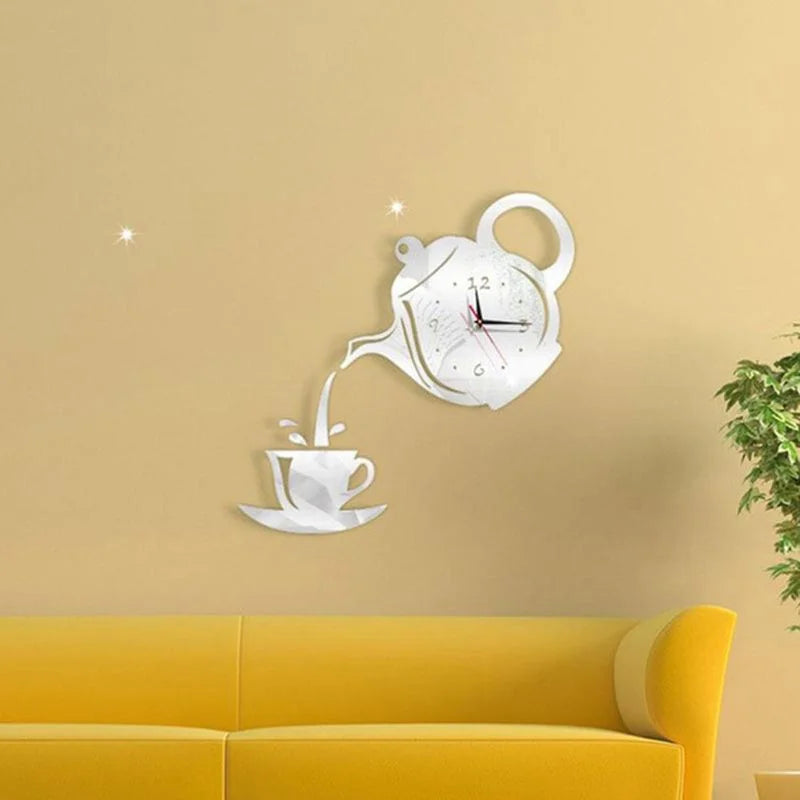 3D DIY Teapot Shape Wall Clock Acrylic Mirror