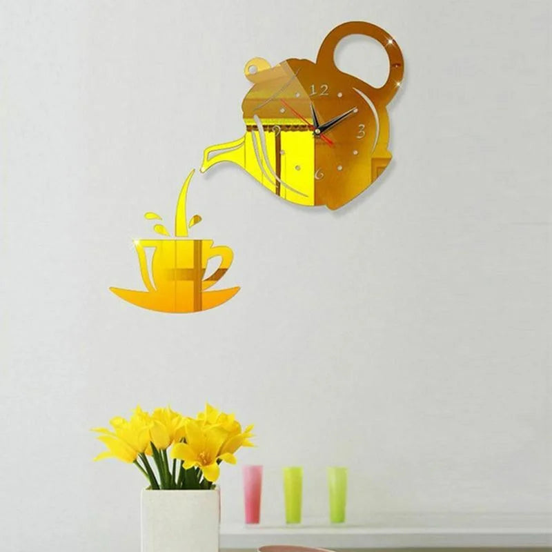 3D DIY Teapot Shape Wall Clock Acrylic Mirror