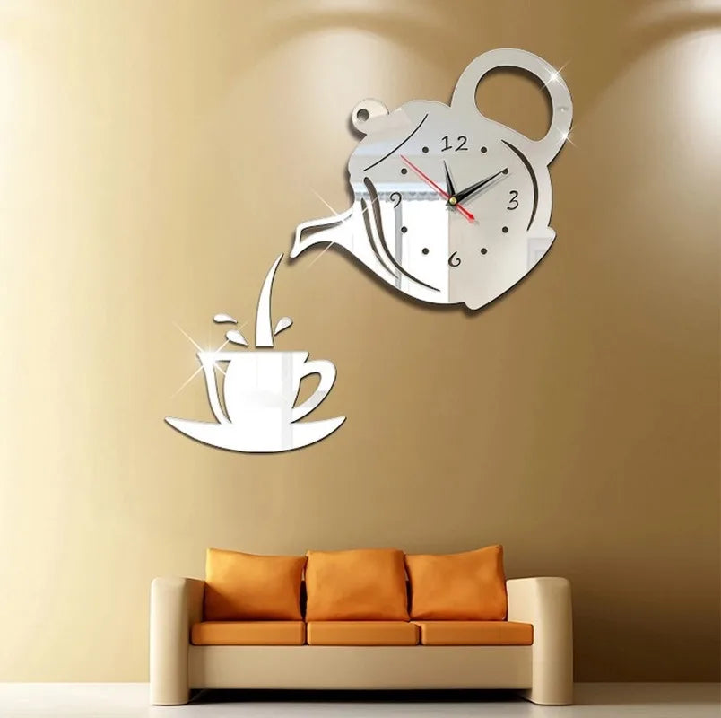 3D DIY Teapot Shape Wall Clock Acrylic Mirror