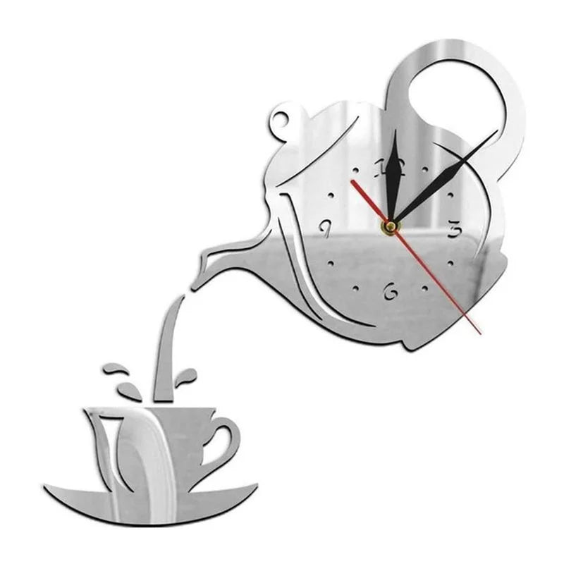 3D DIY Teapot Shape Wall Clock Acrylic Mirror