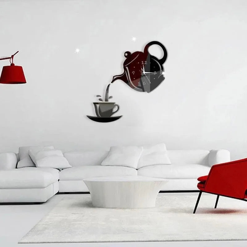 3D DIY Teapot Shape Wall Clock Acrylic Mirror