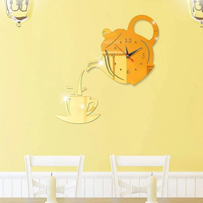 3D DIY Teapot Shape Wall Clock Acrylic Mirror