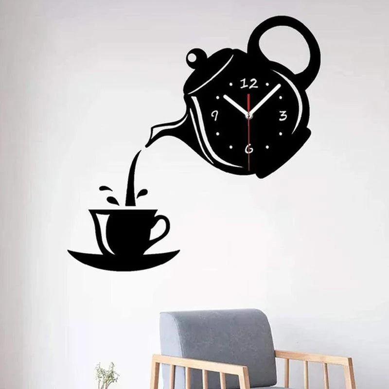 3D DIY Teapot Shape Wall Clock Acrylic Mirror