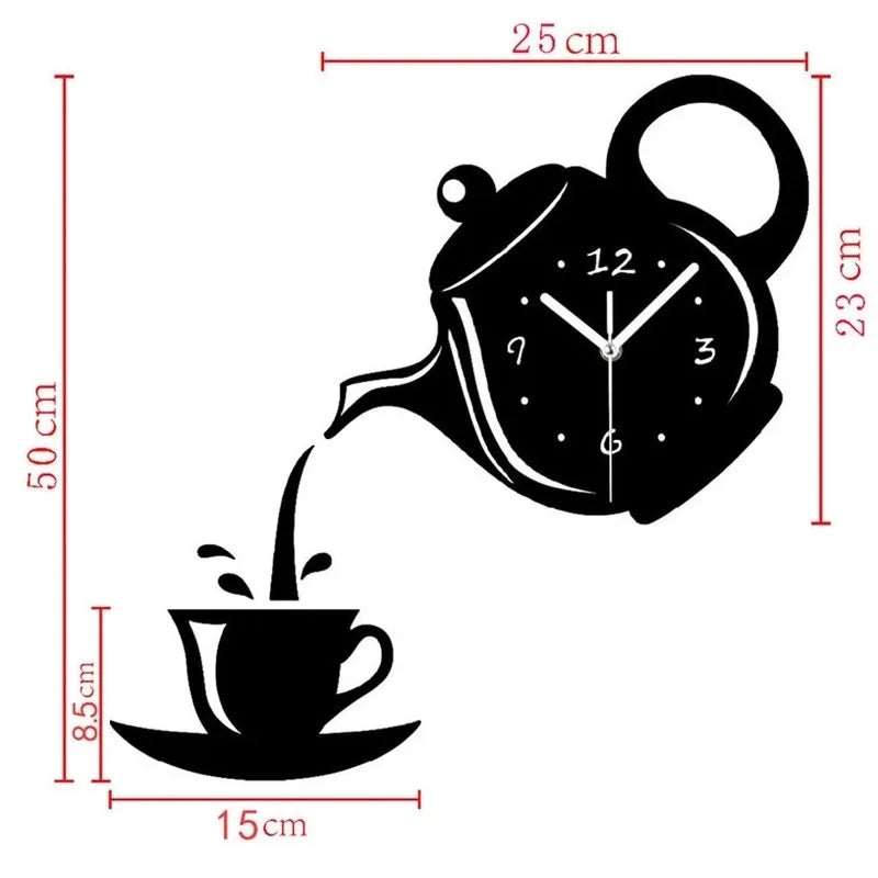 3D DIY Teapot Shape Wall Clock Acrylic Mirror