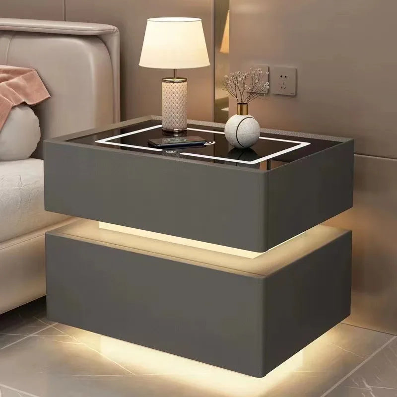 Smart Leather Bedside Table With LED+USB+wireless charging+bluetooth speaker