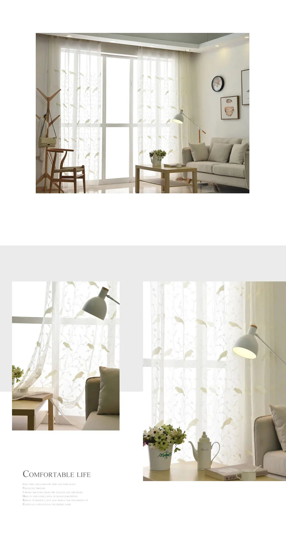 White Bird Leaves Printed Tulle Sheer Curtain Gauze Transparent Window Drape Panel