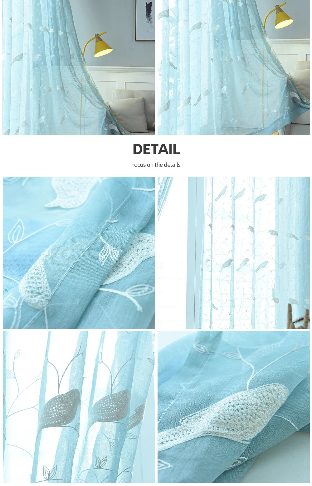 White Bird Leaves Printed Tulle Sheer Curtain Gauze Transparent Window Drape Panel