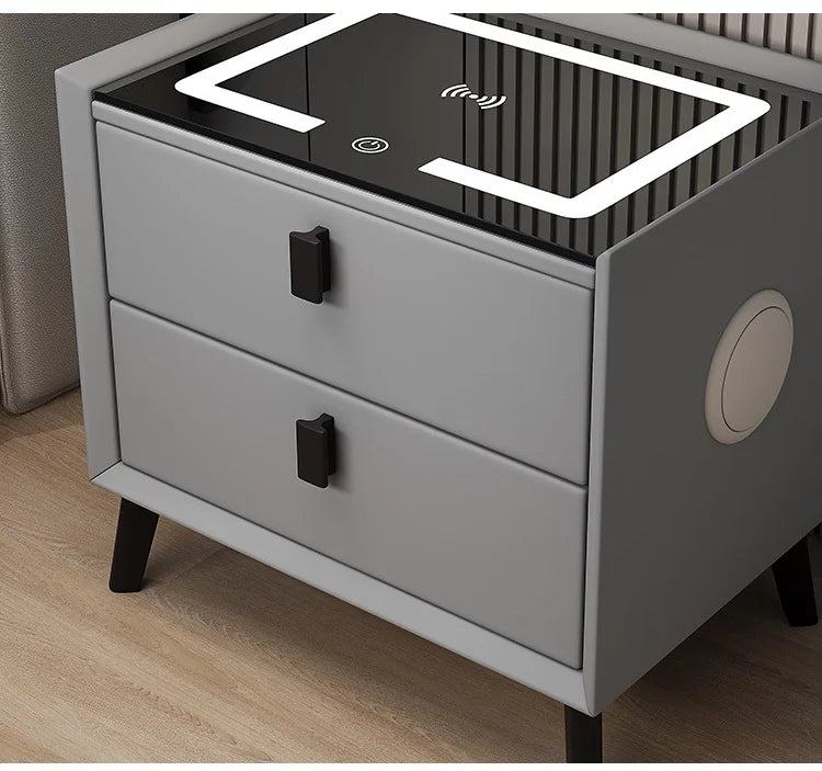 Smart Leather  Bedside Table With  LED+USB+wireless charging+bluetooth speaker