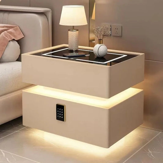 Smart Leather Bedside Table With LED+USB+wireless charging+bluetooth speaker