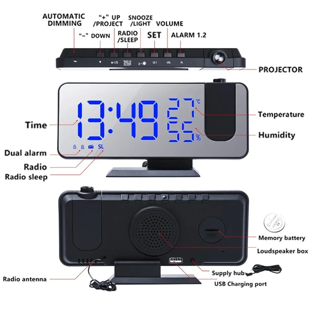 LED Digital Projection Alarm Clocks-with USB and FM Radio