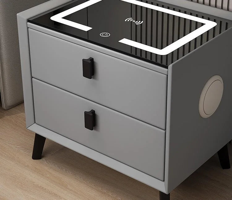 Smart Leather  Bedside Table With  LED+USB+wireless charging+bluetooth speaker