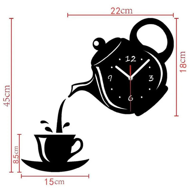 3D DIY Teapot Shape Wall Clock Acrylic Mirror