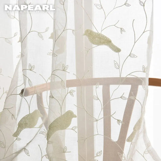 White Bird Leaves Printed Tulle Sheer Curtain Gauze Transparent Window Drape Panel