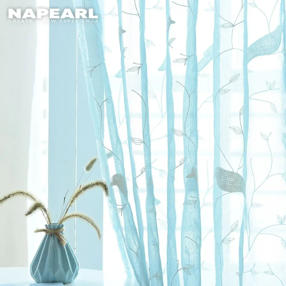 White Bird Leaves Printed Tulle Sheer Curtain Gauze Transparent Window Drape Panel