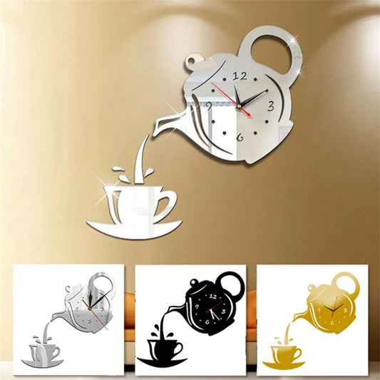 3D DIY Teapot Shape Wall Clock Acrylic Mirror