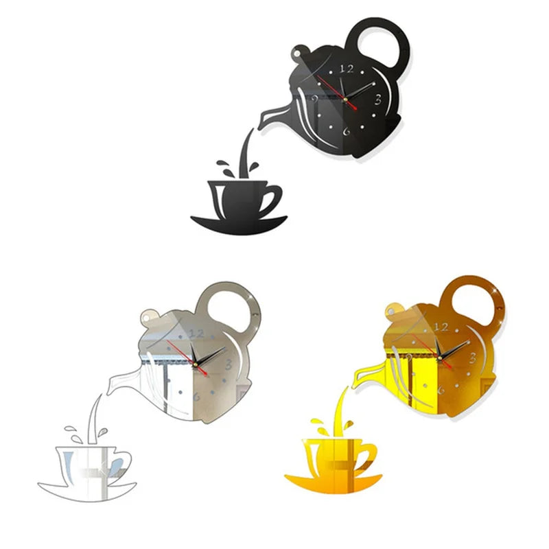 3D DIY Teapot Shape Wall Clock Acrylic Mirror