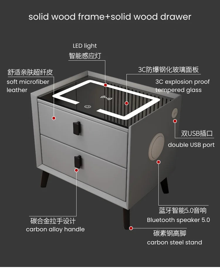 Smart Leather  Bedside Table With  LED+USB+wireless charging+bluetooth speaker