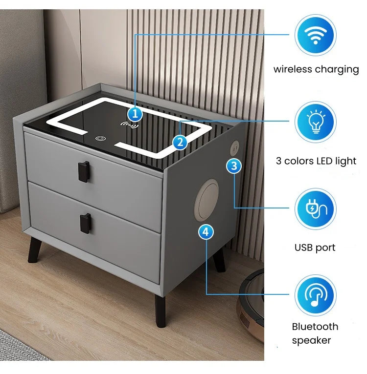 Smart Leather  Bedside Table With  LED+USB+wireless charging+bluetooth speaker