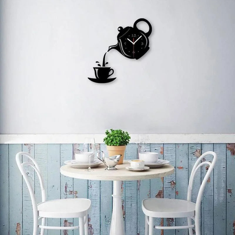 3D DIY Teapot Shape Wall Clock Acrylic Mirror