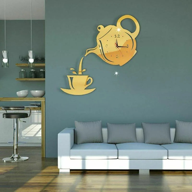 3D DIY Teapot Shape Wall Clock Acrylic Mirror